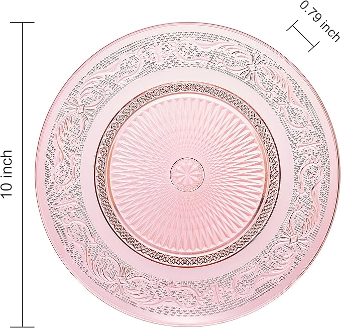 Art Deco Vintage Crystal Pink Plates | Set of 6 | Unique 10.5" Dinner or Charger Plates - Dinner, Charger, Dessert Server, Appetizer Plate, Snack, Fruit, Hand Wash, Housewarming Gift