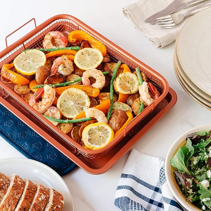 Chef Pomodoro Air Fryer Tray for Oven, Copper Crisper Tray, Air Fryer Pans for Toaster Oven, Air Fryer Basket and Tray 2-Piece Set, Air Fryer Baking Pan, Air Fryer basket for Oven (Rectangle)