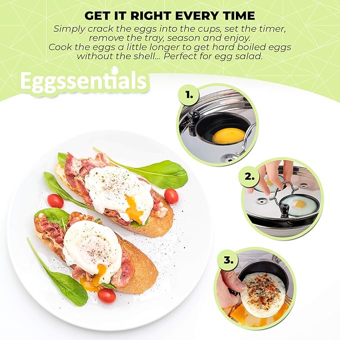 Eggssentials Egg Poacher Pan Nonstick Coating - Poached Egg Cooker, Stainless Steel Egg Poaching Pan PFOA Free with Spatula, Poached Egg Maker, Egg Poachers Cookware
