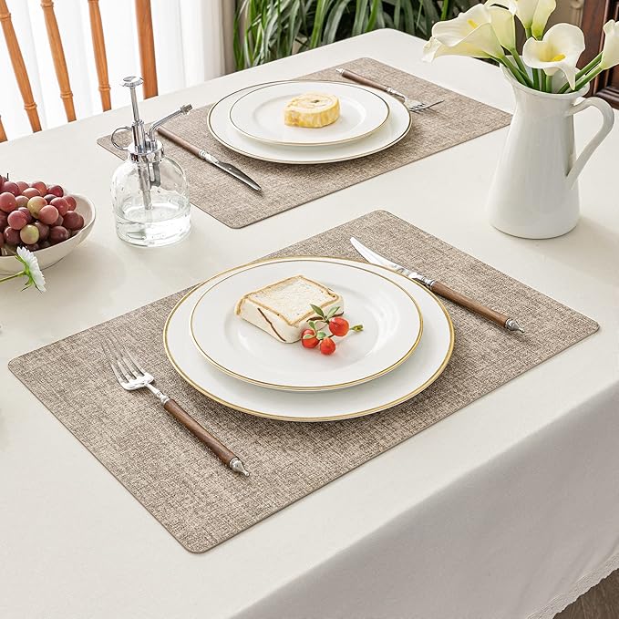 Romanstile Vinyl Placemats Set of 6-12 X 18 Inch - Heat Resistant Place Mats 100% Waterproof Oilproof Wipeable Reversible Faux Leather Table Mats for Kitchen/Dining/Party/Outdoor, Khaki