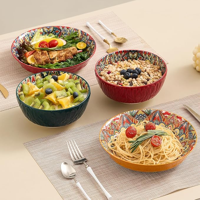 Ceramic Pasta Bowls Set - 8 inch 32 oz Serving Bowls, Set of 6, Colorful Dinner Bowls for Soup,Salad, and Pasta, Kitchen, Microwave, Dishwasher Safe, mexican, Bohemian Style