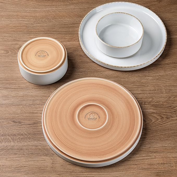 AmorArc Ceramic Dinnerware Sets for 8, 24 Pieces Handpainted Plates and Bowls Set with Rustic Terracotta Underside, Scratch Resistant Stoneware Dishes Set, Dishwasher & Microwave Safe