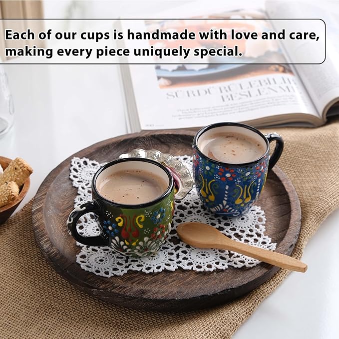 Espresso Cups Set of 2 | 4 oz Small Espresso Cups | Turkish Tea Cups | Demitasse Mugs with Handle | Modern Stackable Ceramic Espresso Mugs Set (Green/Blue)