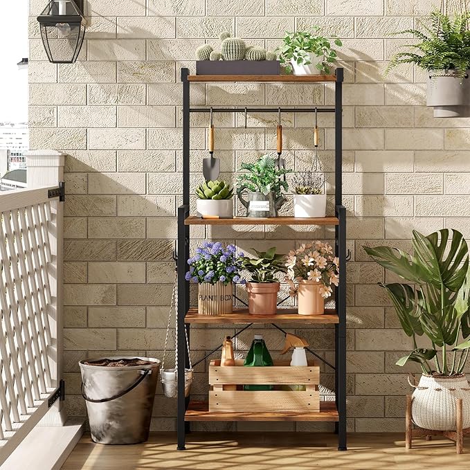 HOOBRO Kitchen Bakers Rack with Storage, 4 Tiers Coffee Bar Station, Microwave Stand with 8 S-Shaped Hooks, Kitchen Storage Shelf Rack for Small Spaces, Rustic Brown and Black BF04HB01