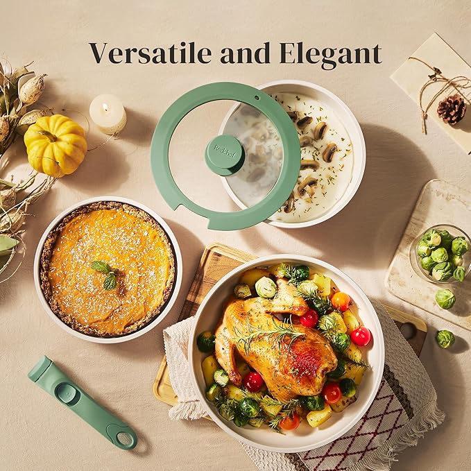 Redchef Ceramic Cookware Set, Removable Handle Pots and Pans Non-Stick, Rv Cookware Set, Non-Toxic Pots and Pans Set No PFAS, PTFE, PFOA, Detachable Pots and Pans, Dishwasher & Oven Safe (Green)