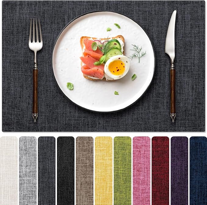 Blue Forest Placemats Set of 4, Dual-Layered Thickened Faux Linen Cloth Place Mats Heat Resistant Machine Washable Wrinkle Free Table Mats Indoor/Outdoor (Dark Grey)