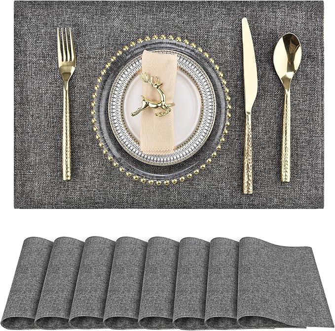 Dark Gray Cloth Placemats Set of 8 - Easy to Clean Fabric Table Placemats - Machine Washable Placemats- Heat Resistant Non-Slip Table Mats (Dark Gray, 8)