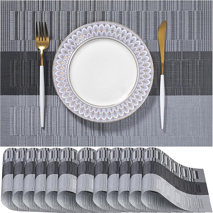 LEXMORE PVC Woven Placemats 12 PCS Wipeable Indoor/Outdoor Table Mats Washable Vinyl Place Mats for Dining Table, Set of 12-Silver Gray Black