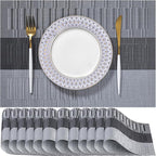 LEXMORE PVC Woven Placemats 12 PCS Wipeable Indoor/Outdoor Table Mats Washable Vinyl Place Mats for Dining Table, Set of 12-Silver Gray Black