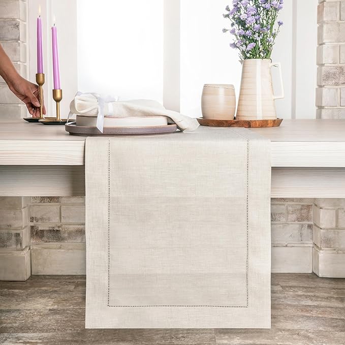 D'Moksha Homes Linen Light Natural Table Runner 36 Inches - 100% Pure Linen Small Table Runner 14 x 36 Inch Ideal for Dresser, Coffee Tables, Fall and Halloween - Classic Hemstitch - Classic Hemstitch