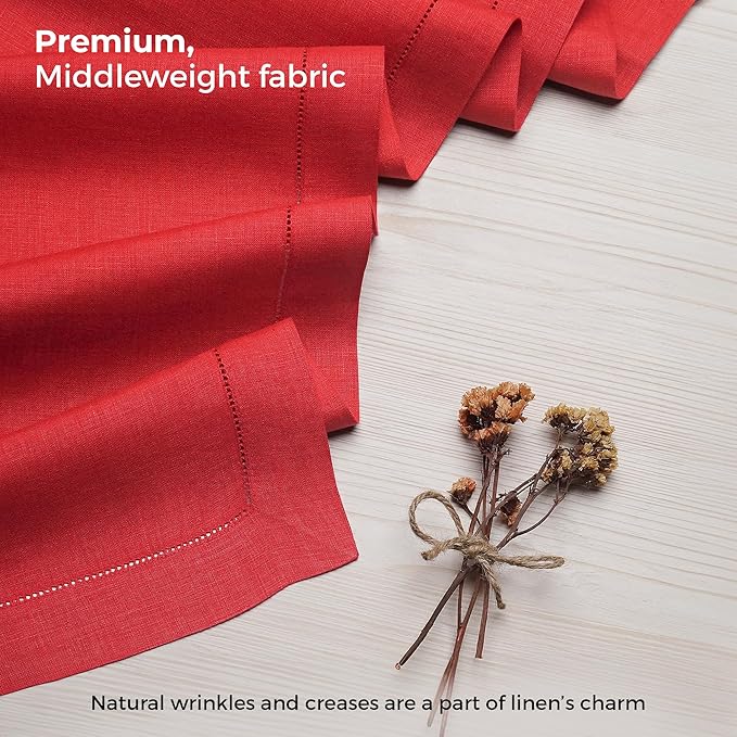 D'Moksha Homes Linen Bright Red Table Runner 72 Inches Long - 100% Pure Linen Hemstitch Table Runner 14 x 72 Inch for Dresser, Dining, Summer, Fall and Halloween - Classic Hemstitch