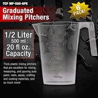 TCP Global 1/2 Liter (500ml) Plastic Graduated Measuring and Mixing Pitcher (Pack of 6) - Holds Over 1 Pint (16oz) - Pouring Cups, Measure & Mix Paint, Resin, Epoxy, Kitchen Cooking Baking Ingredients