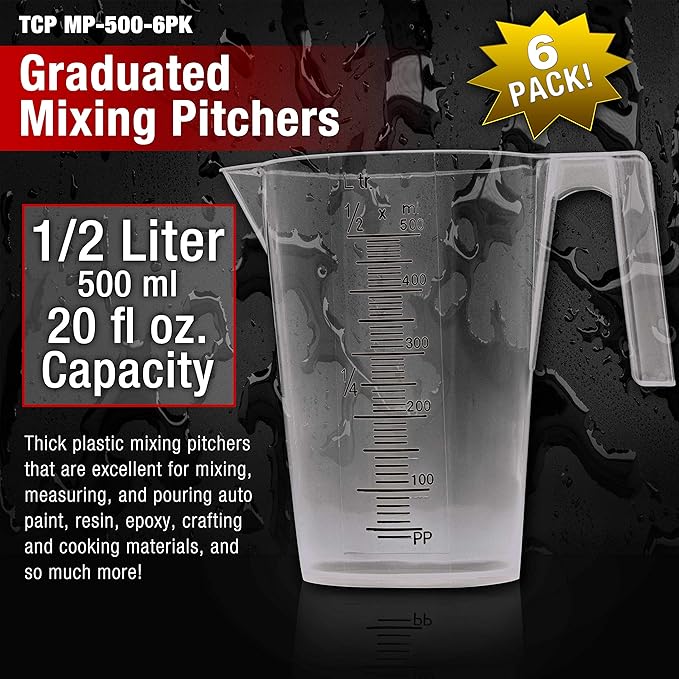 TCP Global 1/2 Liter (500ml) Plastic Graduated Measuring and Mixing Pitcher (Pack of 6) - Holds Over 1 Pint (16oz) - Pouring Cups, Measure & Mix Paint, Resin, Epoxy, Kitchen Cooking Baking Ingredients