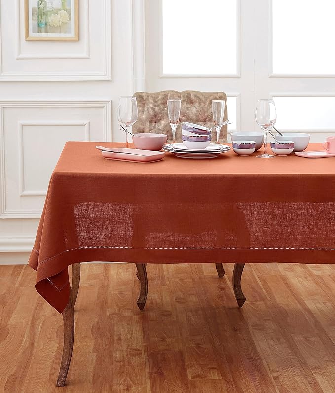 Solino Home Linen Cinnamon Tablecloth 60 x 144 Inch - Classic Hemstitch, 100% Pure Linen Rectangular Tablecloth - Machine Washable Table Cloth for Fall, Autumn, Halloween