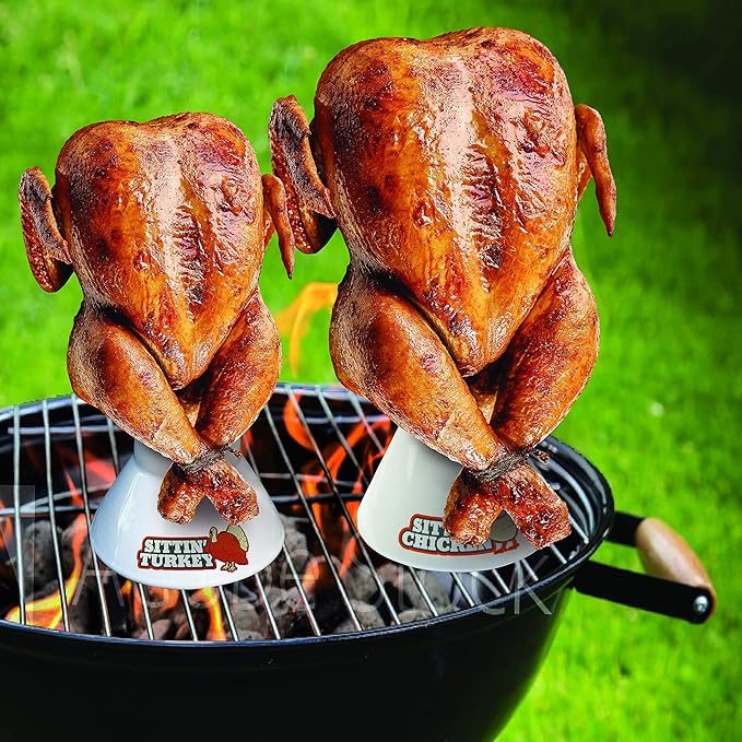 Sittin’ Chicken & Turkey Ceramic Beer Can Roaster & Steamer Duo - Upright Flavor-Infusing Grilling Tool for Juicy Poultry - Wide Ceramic Base Cooks up to 18lb Turkey for Xmas Dinner & Holiday Parties