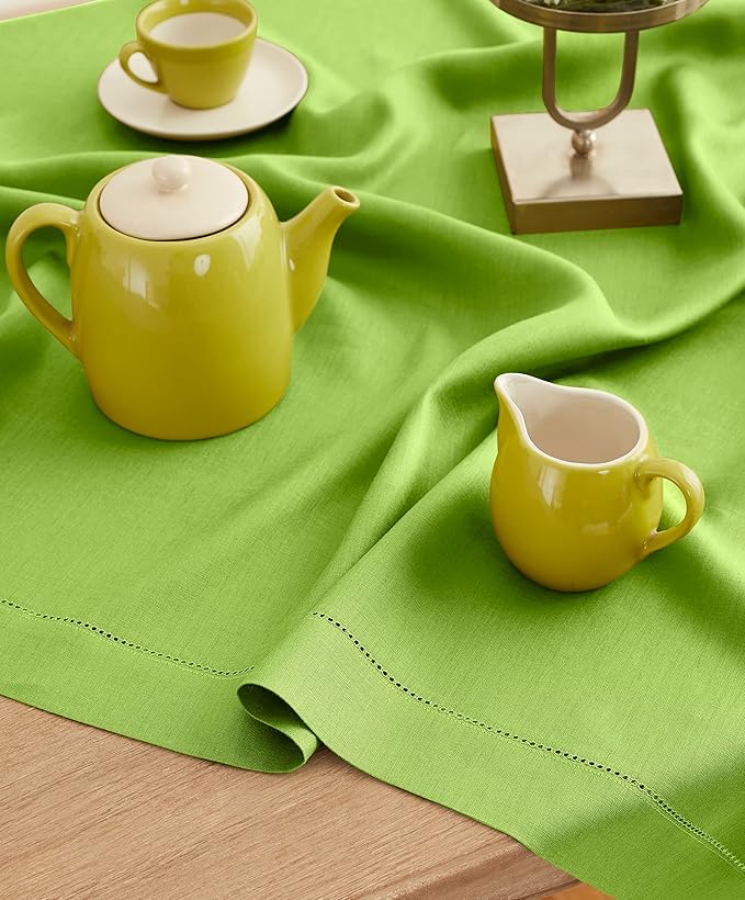 Solino Home Linen Square Tablecloth 52 x 52 Inch - 100% Pure Linen Lime Green Table Throw - Classic Hemstitch, Machine Washable Table Cloth for Summer