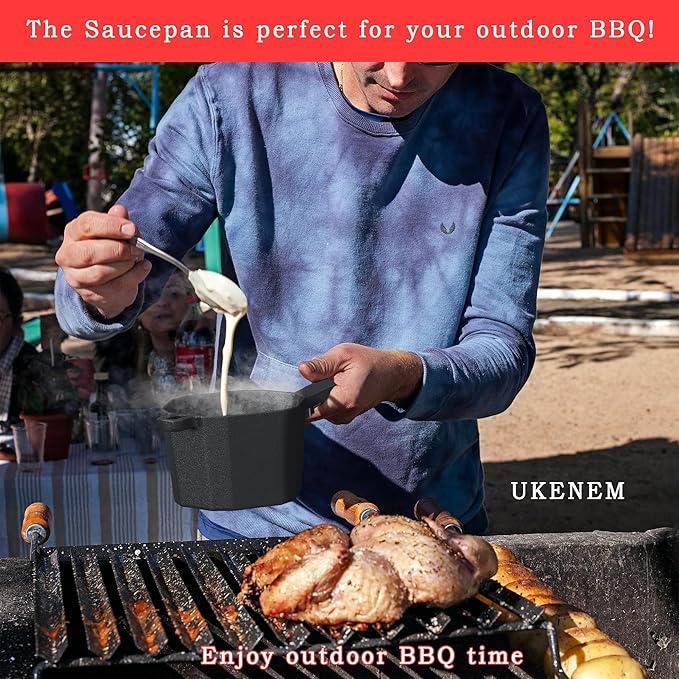 Cast Iron Sauce Pan with Lid, Small Cast Iron Basting Pot with Silicone Basting Brush, Spatula & Heat-Resistant Gloves, Mini Butter Melting Pot for BBQ Sauce, Braising, Stir-Fry & Casserole