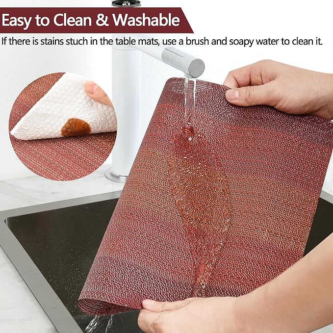 Placemats Set of 4 - Easy Clean Washable Vinyl Placemats - Wipeable Heat Resistant Table Mats for Dining Table - 17.7x11.8 Inch (4, Red Gradient)