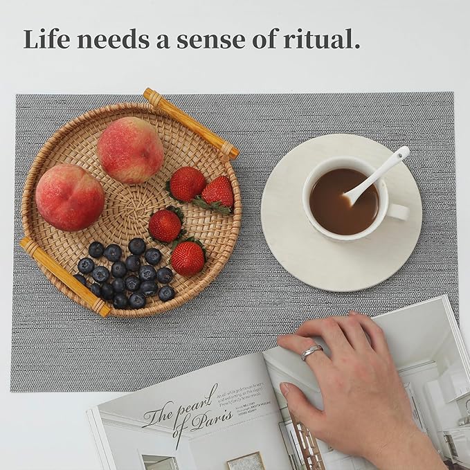 Leetaltree Grey Placemats, Heat Resistant Non-Slip Place mats for Dining Table, Washable Durable PVC Vinyl Woven Table Mats (Set of 16)