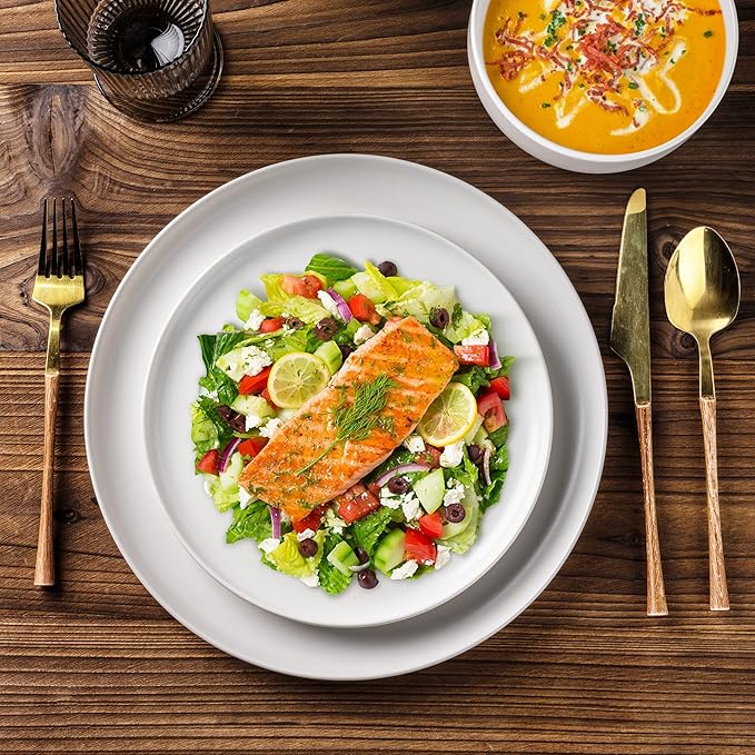 LERATIO Stoneware Dinnerware Sets for 6,Handcarft Ceramic Plates and Bowls Sets,Chip and Scratch Resistant Dishes, Dishwasher & Microwave Safe, Oven safe,Reactive Glaze-White