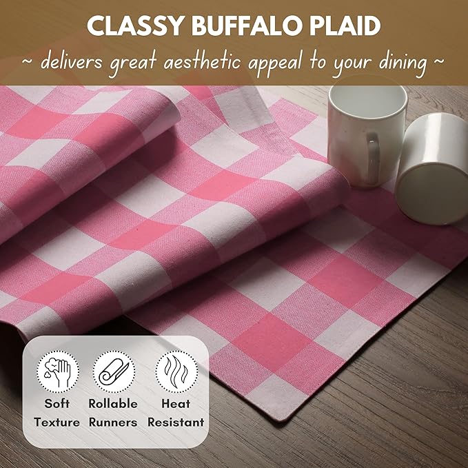 Native Fab Table Runner Buffalo Check Plaid 100% Cotton - 13x72 Inches Kitchen Dining Table Decoration for Indoor Outdoor Farmhouse Home Party Decor - Pink and White