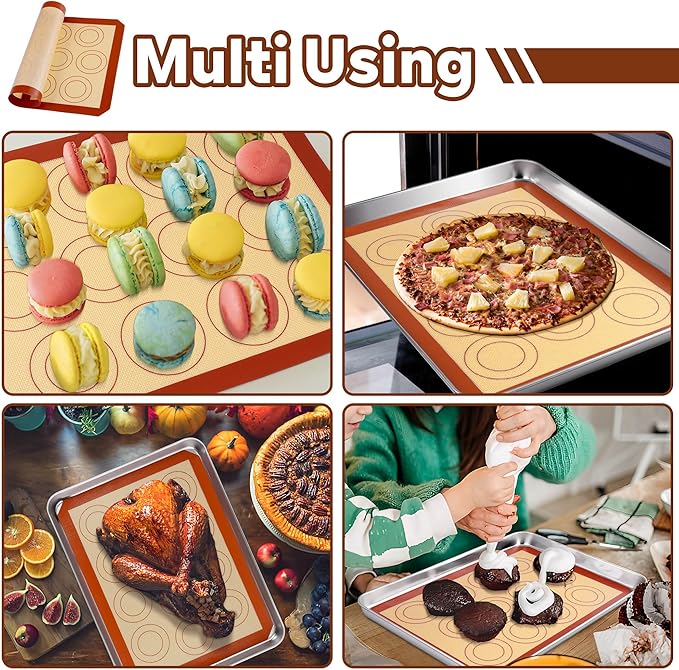 P&P CHEF 15 Inch Silicone Baking Mats, 2 Pcs Reusable Silicone Oven Mat, Non Stick Baking Supplies for Macaroon Pastry Bread Dough Cookie, Fits Well with Sheet Pan, Healthy & Easy Clean