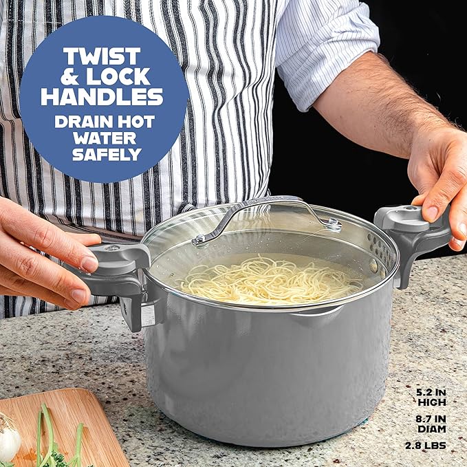 Gotham Steel 5 Quart Stock Pot Multipurpose Pasta Pot with Strainer Lid & Twist and Lock Handles, Ceramic Nonstick Cooking Pots + Pasta Strainer Lid, Spaghetti Pot, Dishwasher Safe