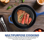 Utopia Kitchen Saute Frying Pan 12 Inch, Cast Iron Chefs Pan, Pre Seasoned Cast iron Skillet With Lid, Safe Grill Cookware for Indoor & Outdoor Use, Blue