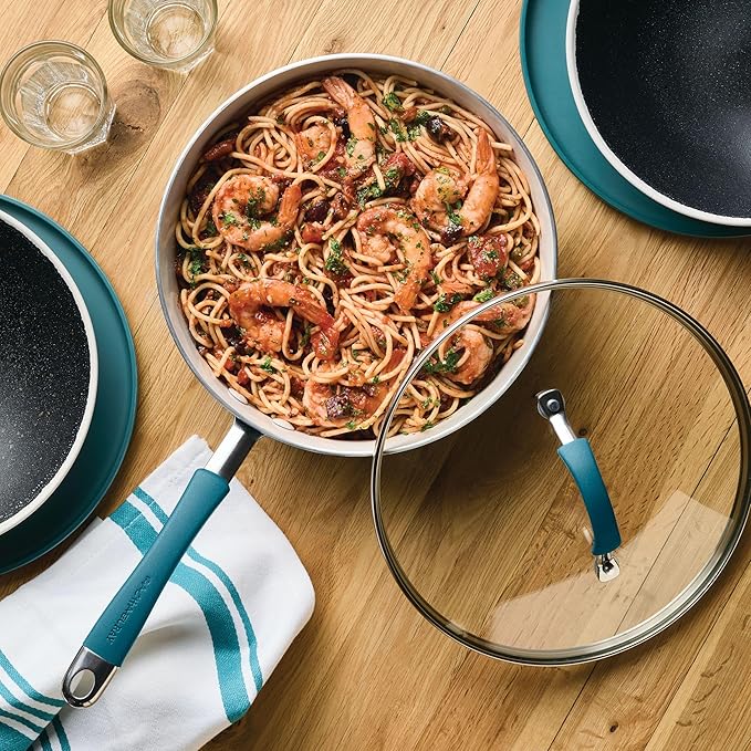 Rachael Ray Cucina Ceramic Nonstick Saute Pan with Lid, 3 Quart Non Stick Sauteuse Pan, Dishwasher Safe - Marine Blue