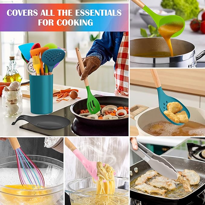 E-far Colorful Silicone Kitchen Utensils Set with Holder, 25-Piece Cooking Utensil Set with Wooden Handle for Nonstick Cookware, 446°F Heat Resistant Kitchen Tool Spatulas, Non-toxic & Healthy