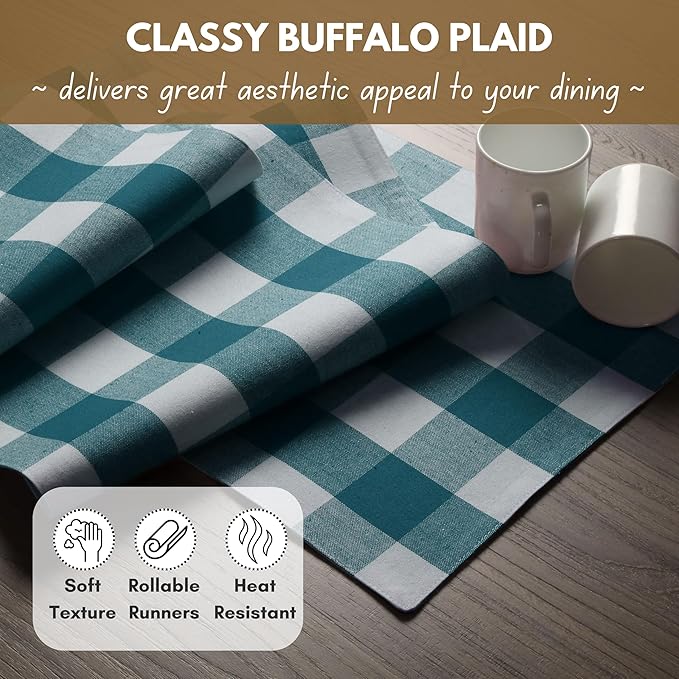 Native Fab Table Runner Buffalo Check Plaid 100% Cotton - 13x102 Inches Kitchen Dining Table Decoration for Indoor Outdoor Farmhouse Home Party Decor - Teal Green and White