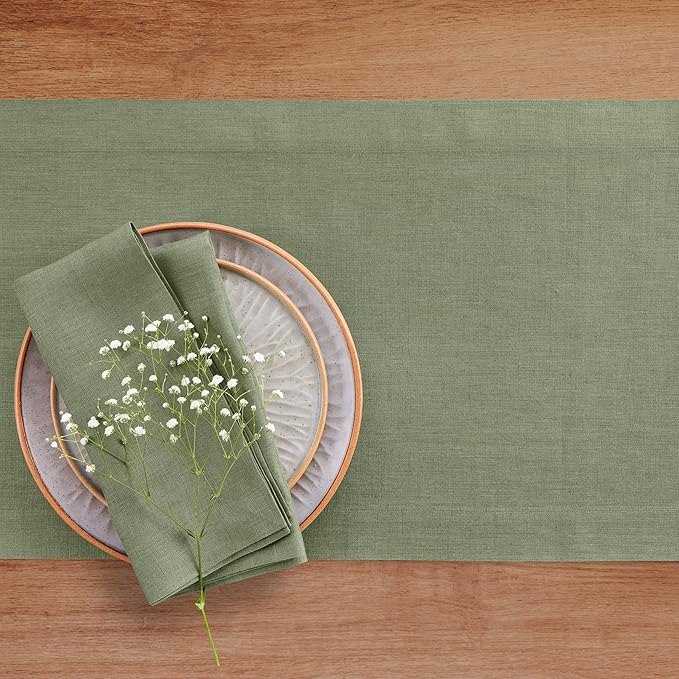Solino Home Linen Oil Green Table Runner 90 Inches Long - 100% Pure Linen 14 x 90 Inch Table Runner for Summer, Fall, Autumn - Fete