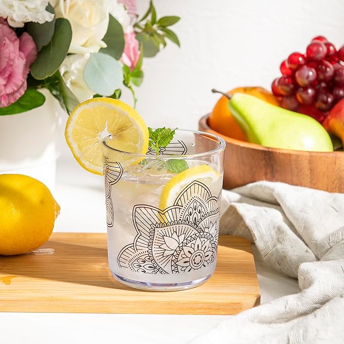 bzyoo BPA-Free Designed Dishwasher Safe 14 oz Plastic Tumbler Set which is Durable and Stackable Great For Parties, Anniversaries (6 PCS, Mandala Black)