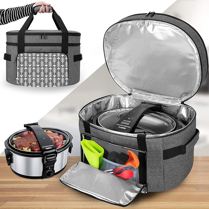 Yarwo [Upgraded Slow Cooker Travel Bag with Bottom Board Compatible with Crock-Pot and Hamilton Beach 6 7 8 Quart, Double Layers Slow Cooker Carrier, Gray with Arrow (Bag Only, Patent Pending)