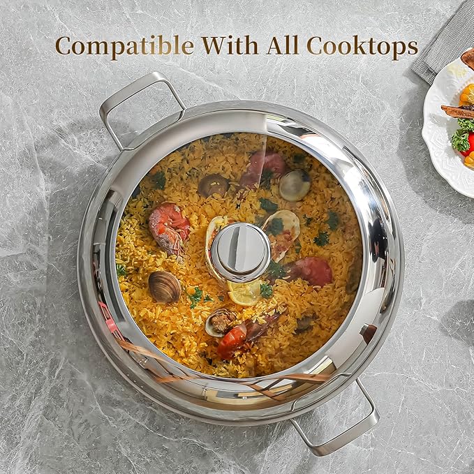 DELARLO Paella Pan With Lid 14 Inch Tri-Ply Large Stainless Steel Nonstick Frying Pan,Induction Skillets,Fast Heating Cookware,Indoors Outdoors,paelleras para 12 personas Jumbo Cooker