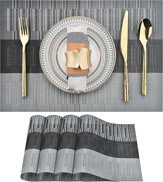 Placemats Set of 4 - Washable Easy Clean Vinyl Placemats - Heat Resistant PVC Place Mats for Dining Table - (Black and Gray, 4)