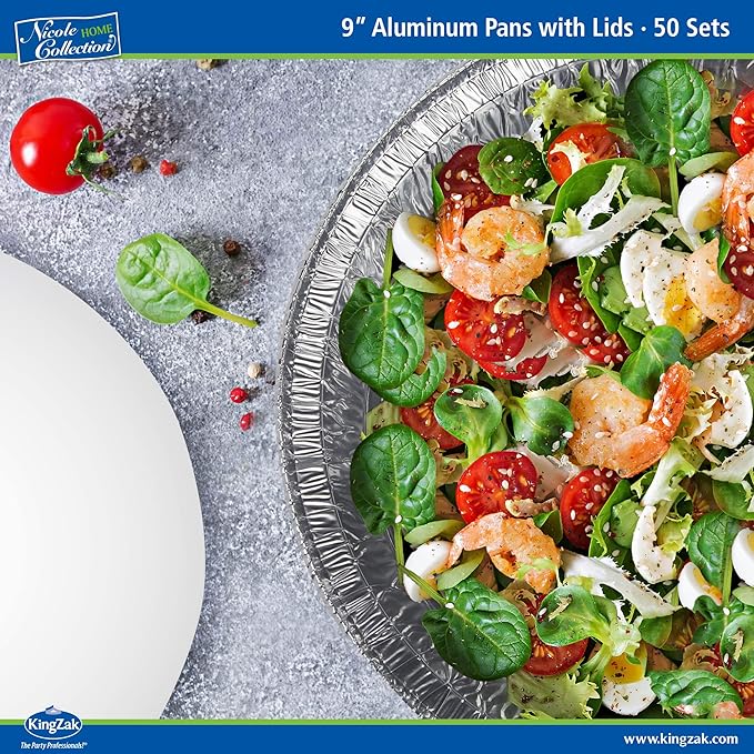 Nicole Home Collection Aluminum Pans 9” Round Disposable Foil Pans With Lids (50 Pack) – 9 Inch Round Disposable Takeout Pans With Board Lids (9" Inch Round)