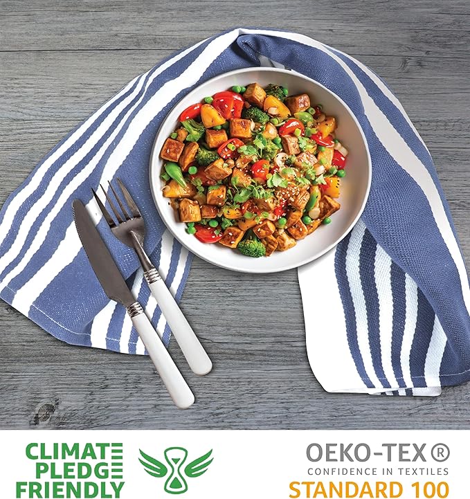 Urban Villa Kitchen Towels 100% Cotton Pack of 3, Highly Absorbent Quick Drying Soft Premium Dish Towels for Kitchen with Hanging Loop Hand & Tea Towels - 20x30 Inch, (Indigo Blue & White, Striped)