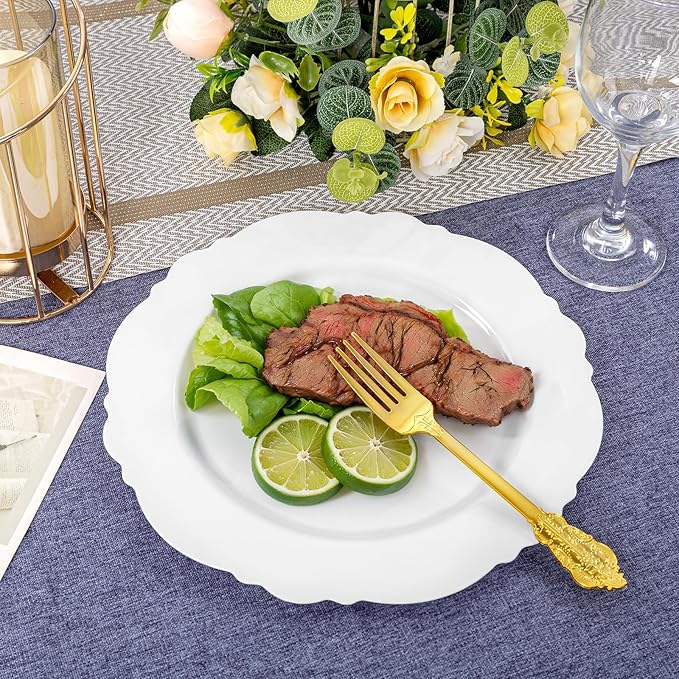 WDF 60pcs White Plastic Plates -10.25inch Baroque White Disposable Dinner Plates for Upscale Parties/Wedding