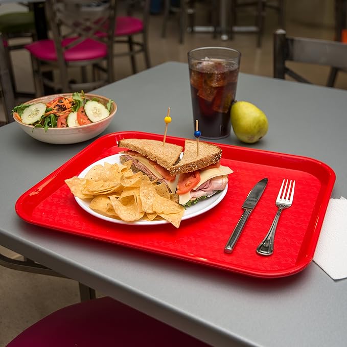 Carlisle FoodService Products Cafe Fast Food Cafeteria Tray with Patterned Surface for Cafeterias, Fast Food, And Dining Room, Plastic, 17.87 X 14 X 0.98 Inches, Red, (Pack of 12)