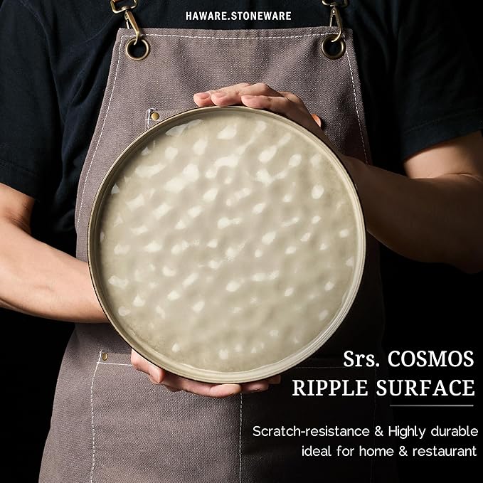 HaWare Stoneware Plates Set of 6, 7.9” Salad Plates, Reactive Glaze Ripple Ceramic Dish Set for Appetizer, Dessert, Scratch Resistant, Small Dinner Plate, Microwave and Dishwasher Safe, Saturn Khaki