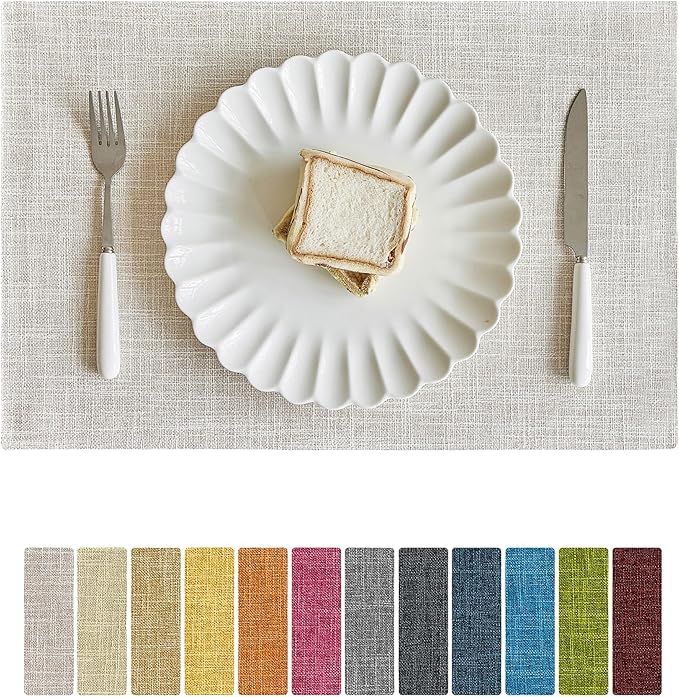 Softalker Faux Linen Placemats Set of 12-12 x 18 Inch, Heat Resistant Double Layered Durable Burlap Farmhouse Place Mats, Non-Slip Washable Rustic Table Mats for Dining, Kitchen, Party（Cream