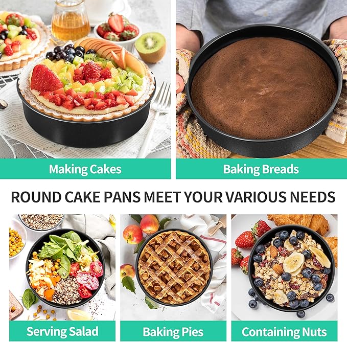P&P CHEF Non-stick Cake Pan Set of 2, 9.5 Inch Round Baking Cake Pans Tins for Tier Smash Cakes, Non-Toxic & Solid, Stainless Steel Core & Leak-Proof, 2Pcs