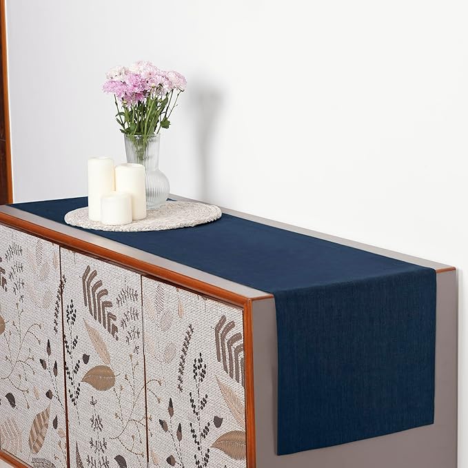 D'Moksha Homes Linen Navy Blue Table Runner 84 Inches Long - 100% Pure Linen 14 x 84 Inch Table Runner for Dining, Summer, Fall and Halloween - Machine Washable