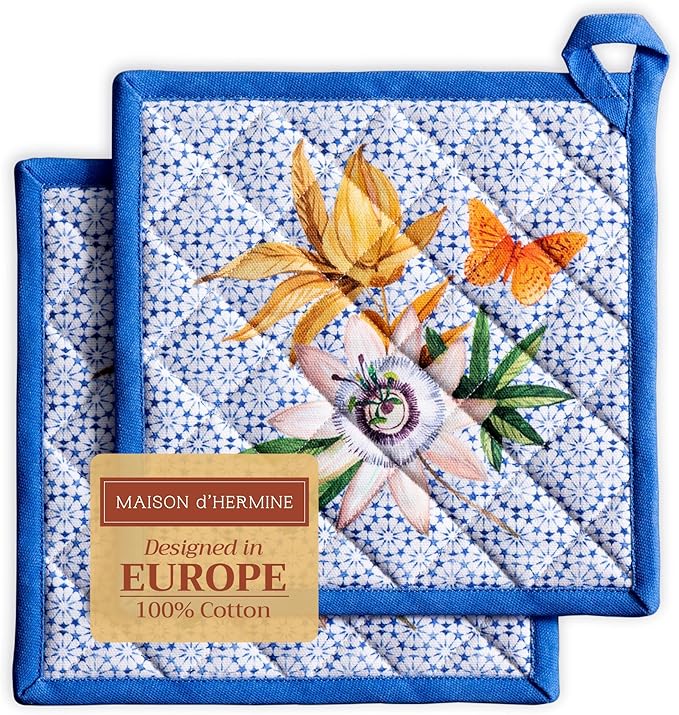 Maison d' Hermine Pot Holders Set 100% Cotton Heat Resistant Potholders 8" x 8" Hot Pads with Loop BBQ, Cooking, Baking, Grilling, Kitchen, Handling Hot Pans Spring/Summer (Pack of 2, Passiflora)