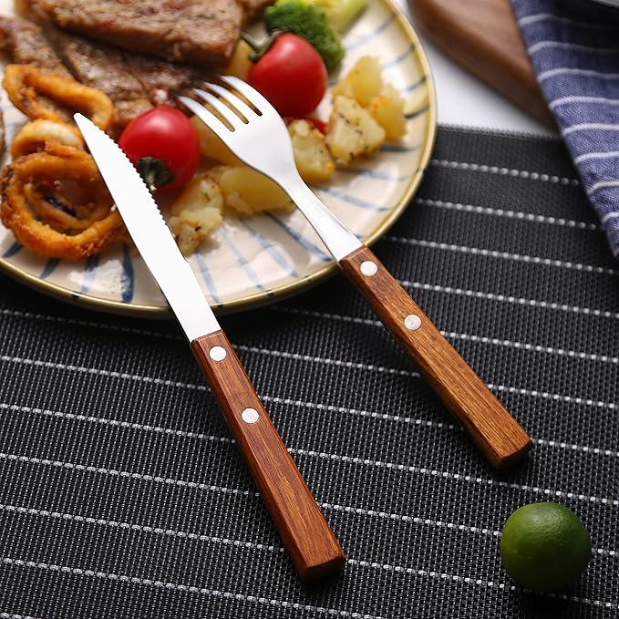 Forks and Spoons Silverware Set, HAPPY KIT Wooden Handle Flatware Set 8-Piece (2 Sets) 18/8 Stainless Steel Cutlery Set Wooden Spoons Dinner Knife Dinner Fork and Spoon Set