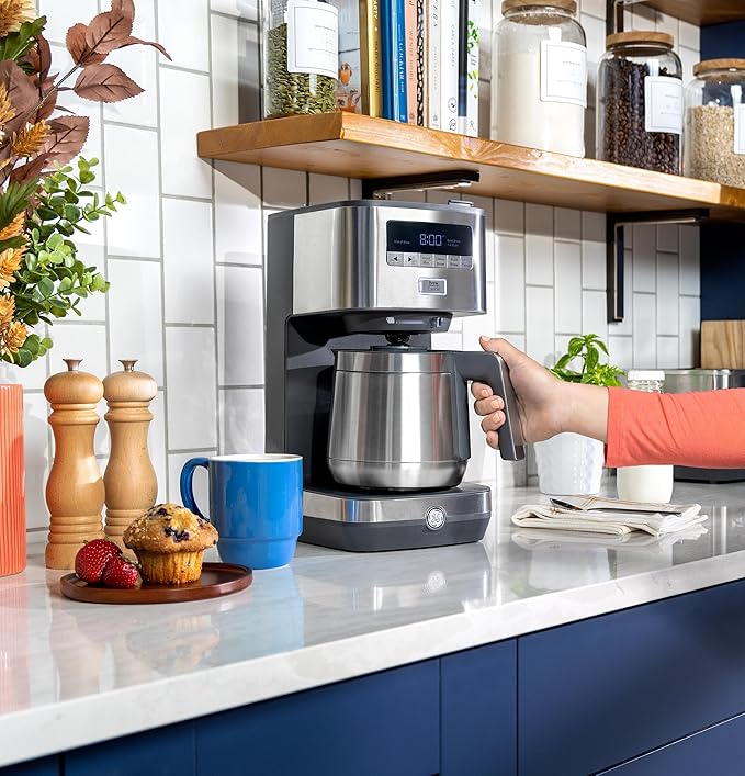 GE Drip Coffee Maker With Timer | 10-Cup Thermal Carafe Coffee Pot Keeps Coffee Warm for 2 Hours | Adjustable Brew Strength | Wide Shower Head for Maximum Flavor | Kitchen Essentials | Stainless Steel