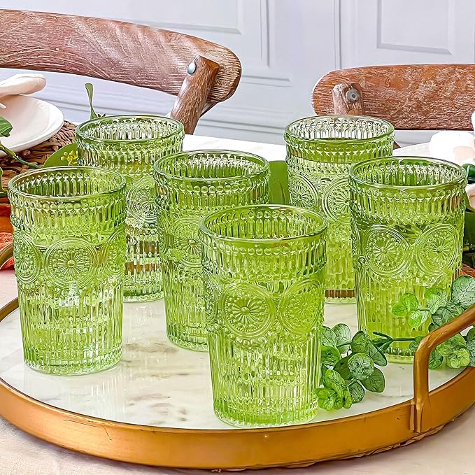 Vintage Textured Green Striped Drinking Glasses Set of 6, 13 oz Ribbed Glassware with Flower Embossed Design, Romantic Cocktail Set, Juice Glass, Iced Coffee Cup, Colored Water Glasses Tumblers