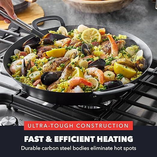 GreenPan x Bobby Flay 15” Carbon Steel Paella Pan, Pre-Seasoned, Nontoxic, PFAS-Free, Induction Compatible, Flat Bottom, Rice & Seafood Dishes, High Heat & Oven Safe Durable, Cast Iron Alternative