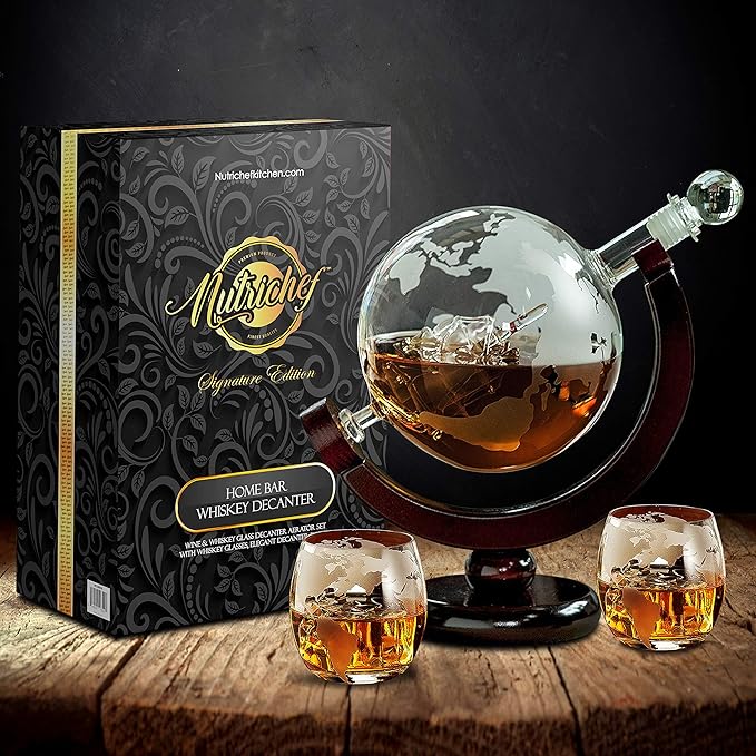 NutriChef Glass Whiskey Decanter - 850ml Globe Whiskey Carafe Alcohol Decanter Set with Glasses , Liquor Decanter w/ Stopper & Base, For Brandy Wine Cognac Rum Gin Scotch Bourbon